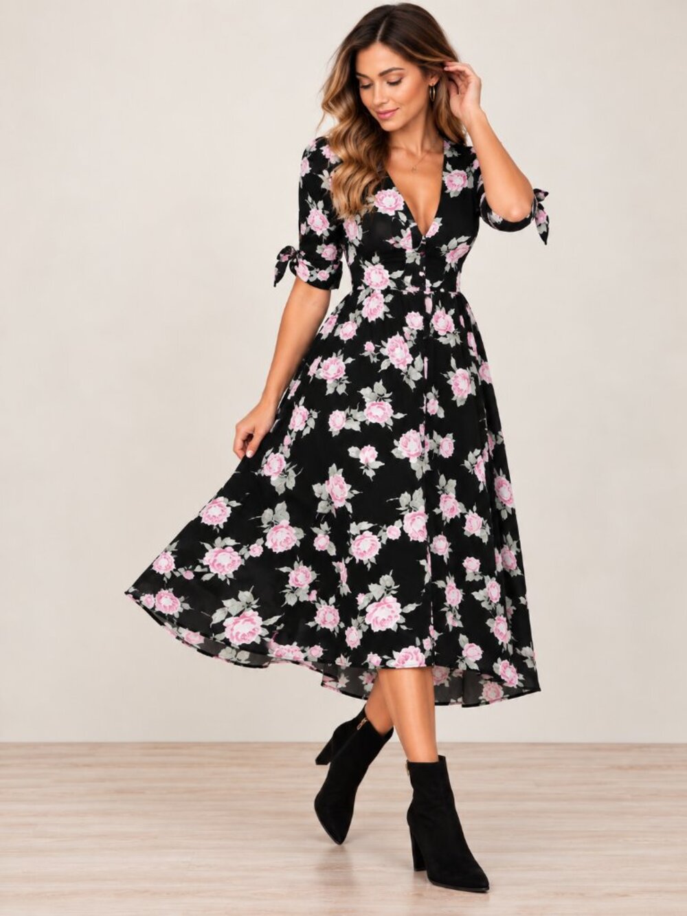 Free People Dress Love Of My Life Midi Black Floral Print Button Front Boho Chic